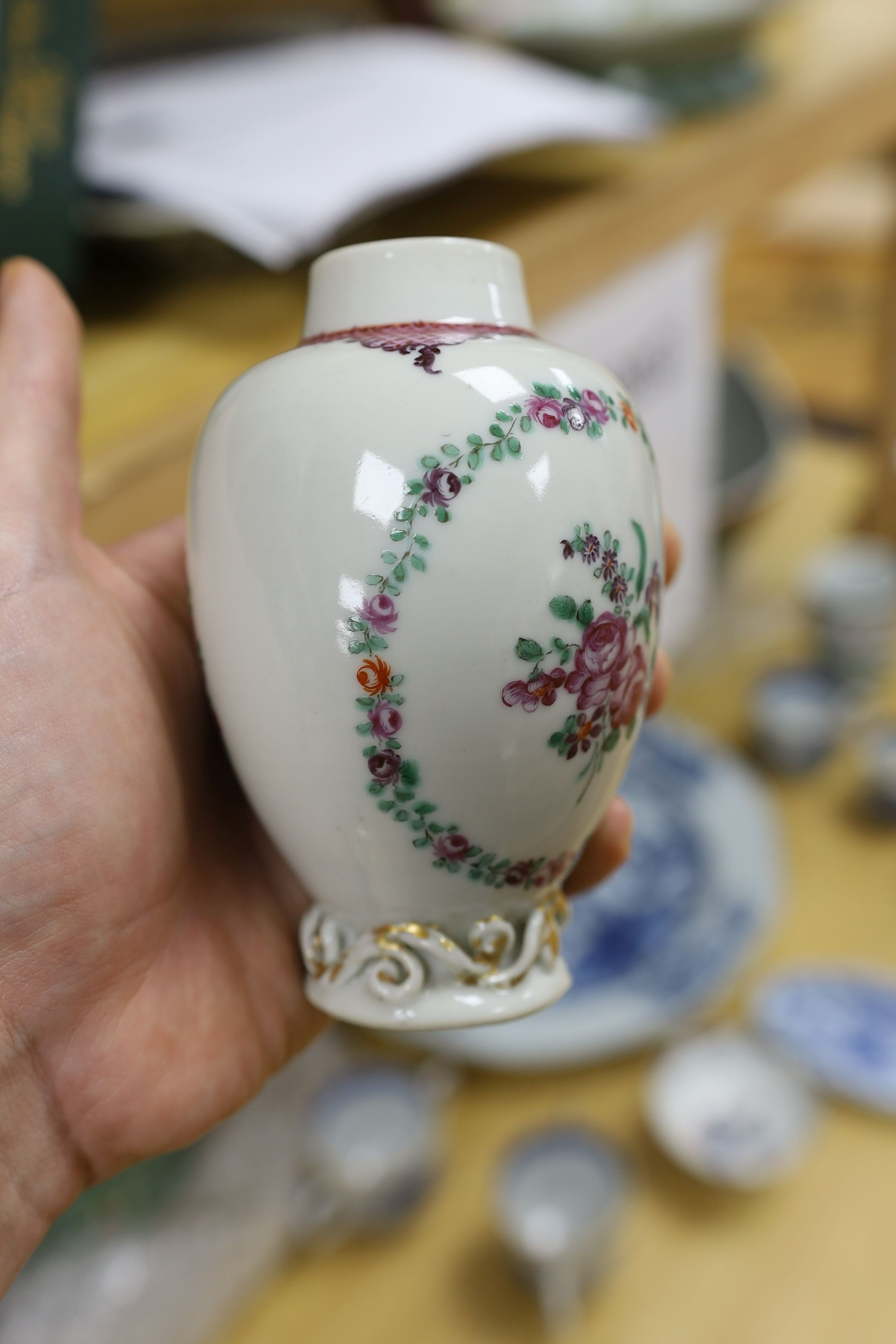 A selection of 18th century Chinese export wares, to include a teapot, tea bowls, saucers etc., some matching, tallest 16cm, (10)